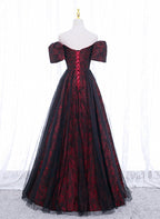 Black And Red Lace Sweetheart Long Party Dress, Black And Red A-Line Classy Prom Dress