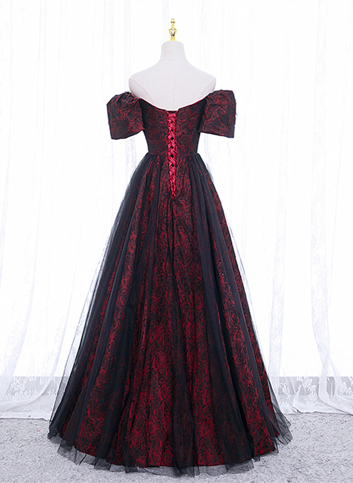 Black And Red Lace Sweetheart Long Party Dress, Black And Red A-Line Classy Prom Dress