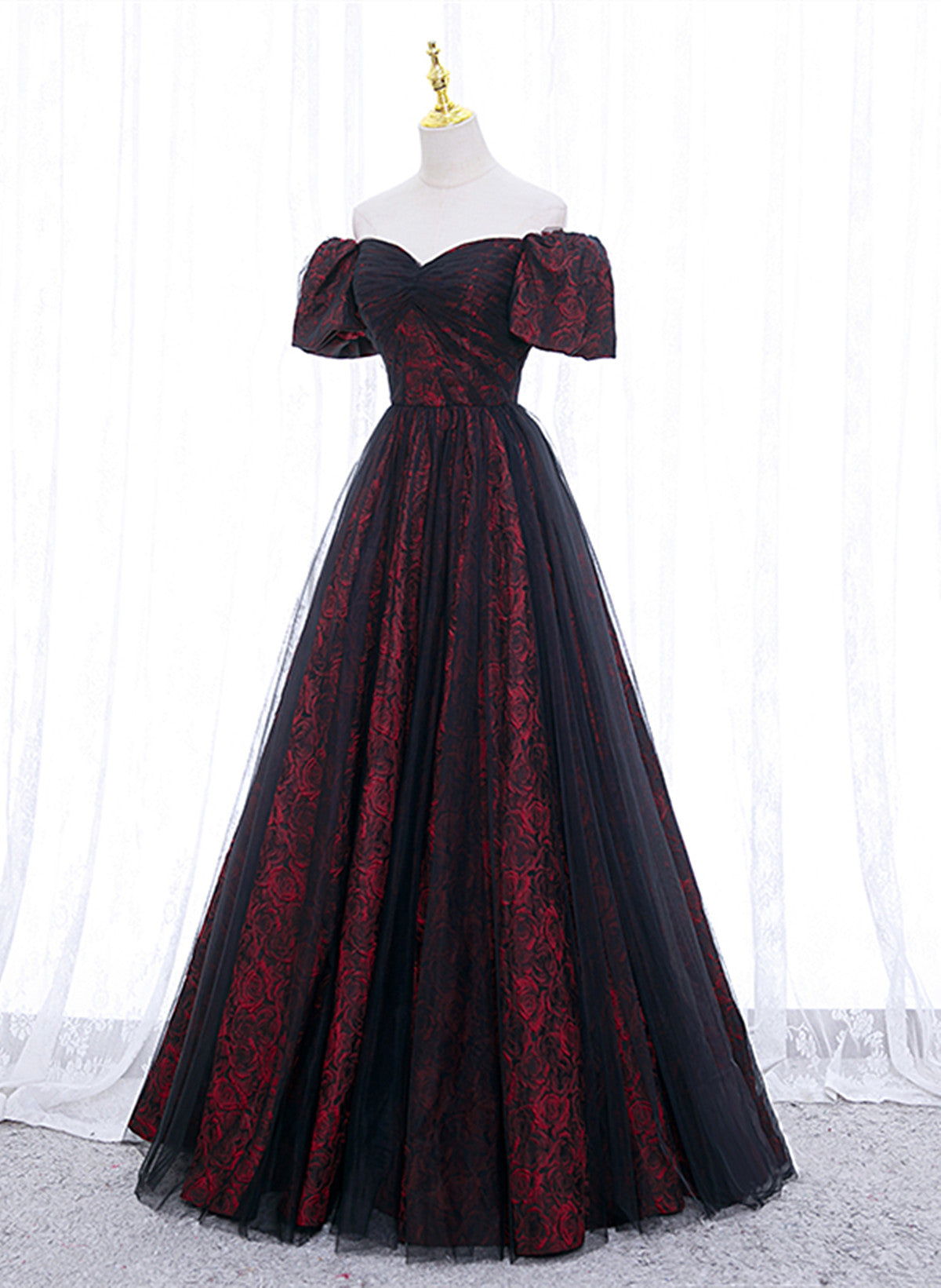 Black And Red Lace Sweetheart Long Party Dress, Black And Red A-Line Classy Prom Dress