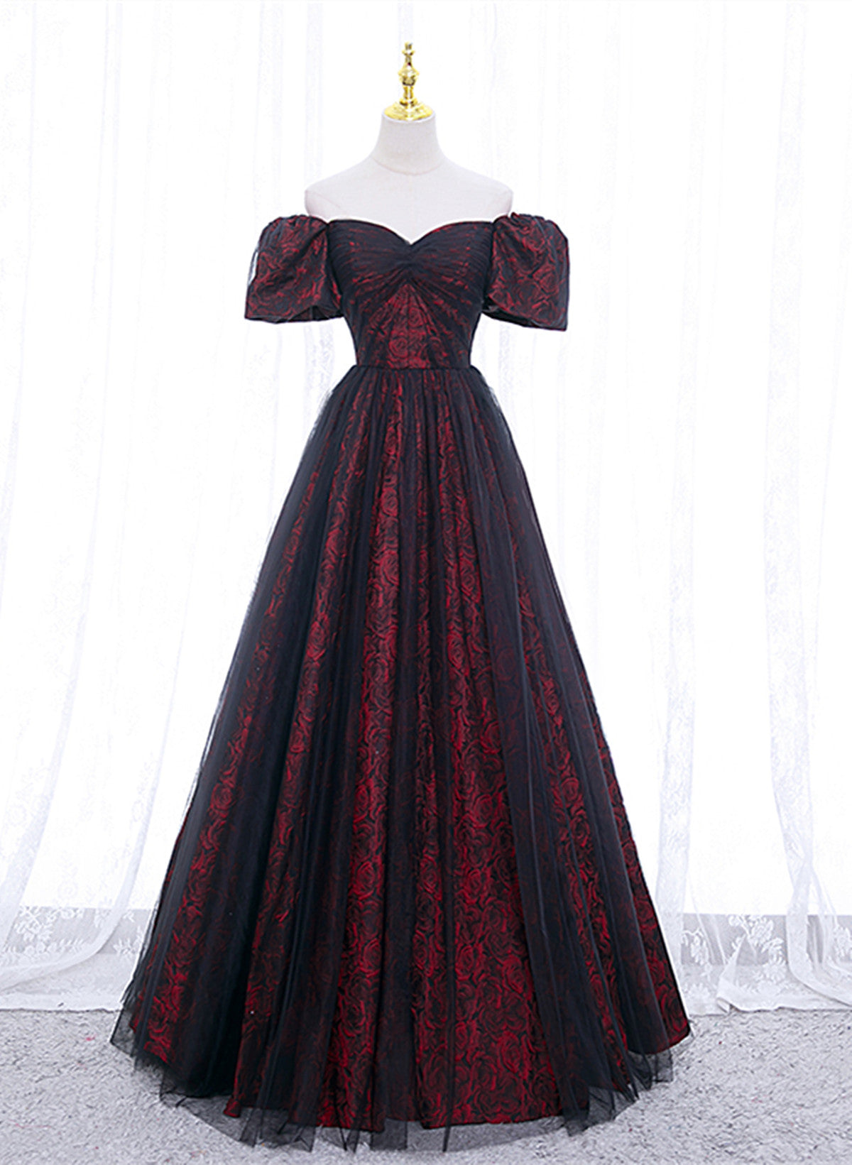 Black And Red Lace Sweetheart Long Party Dress, Black And Red A-Line Classy Prom Dress Main image