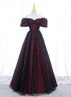 Black And Red Lace Sweetheart Long Party Dress, Black And Red A-Line Classy Prom Dress