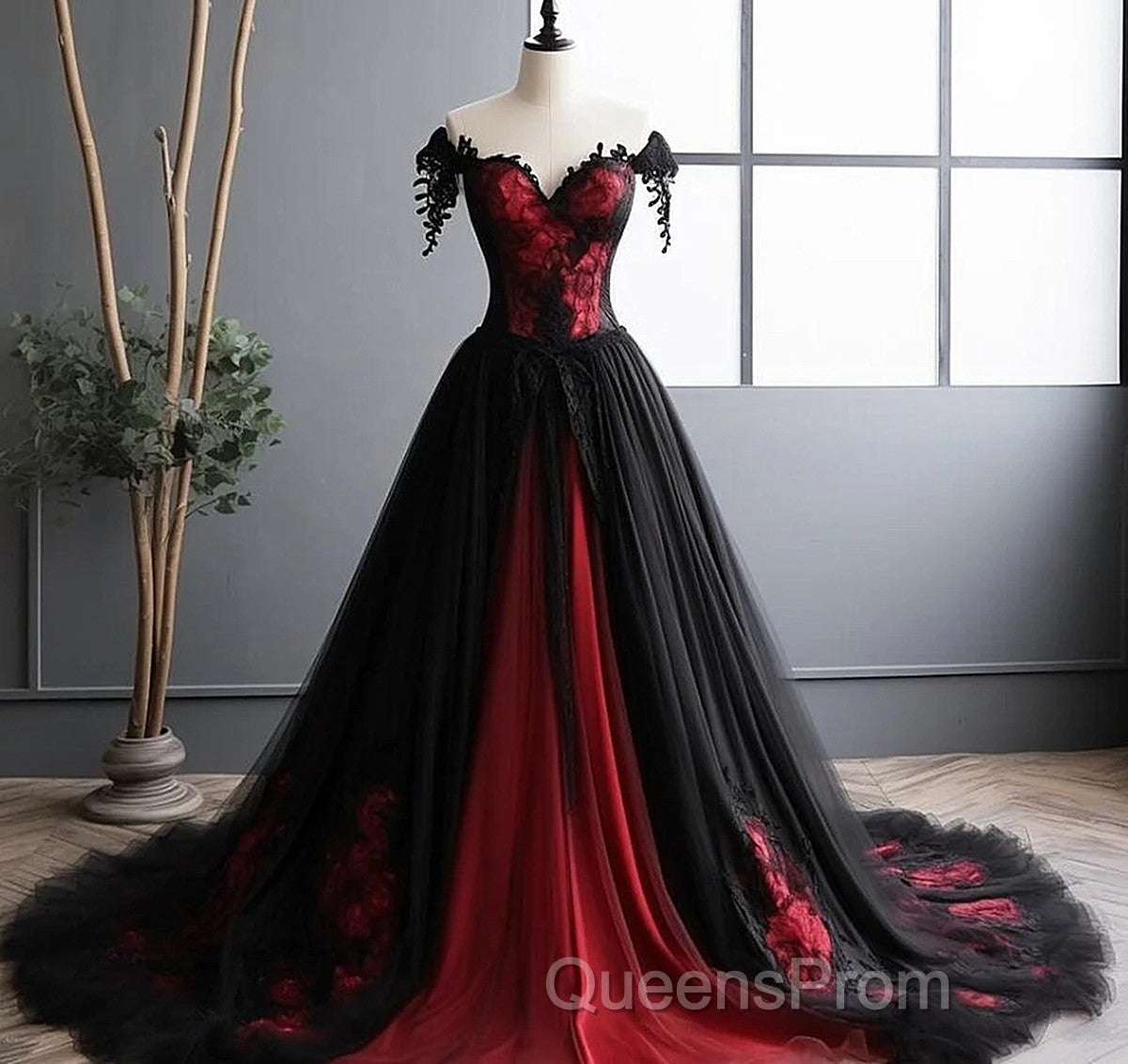 Black And Red Lace Tulle Off Shoulder Evening Prom Dress, Black And Red Formal Dress