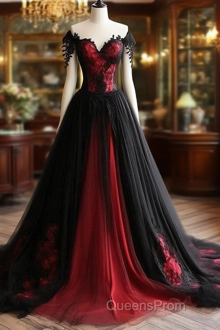 Black And Red Lace Tulle Off Shoulder Evening Prom Dress, Black And Red Formal Dress Main image