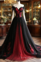 Black And Red Lace Tulle Off Shoulder Evening Prom Dress, Black And Red Formal Dress