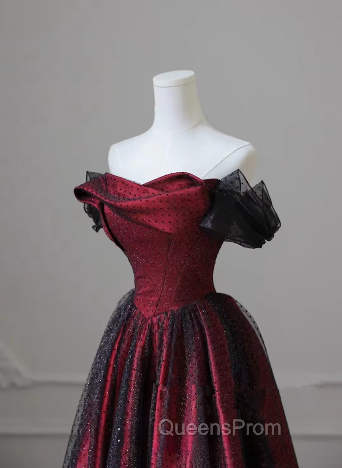 Black and Red Long Party Dress, Off Shoulder Tulle A-line Evening Prom Dress Secondary image