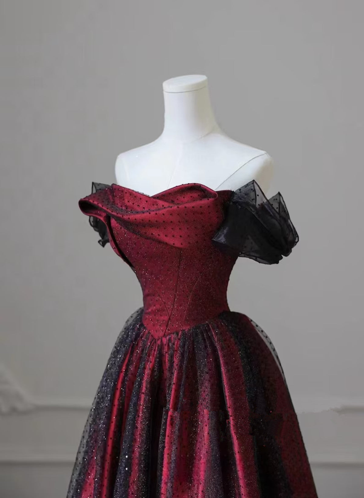 Black And Red Long Party Dress, Off Shoulder Tulle A-Line Classy Prom Dress