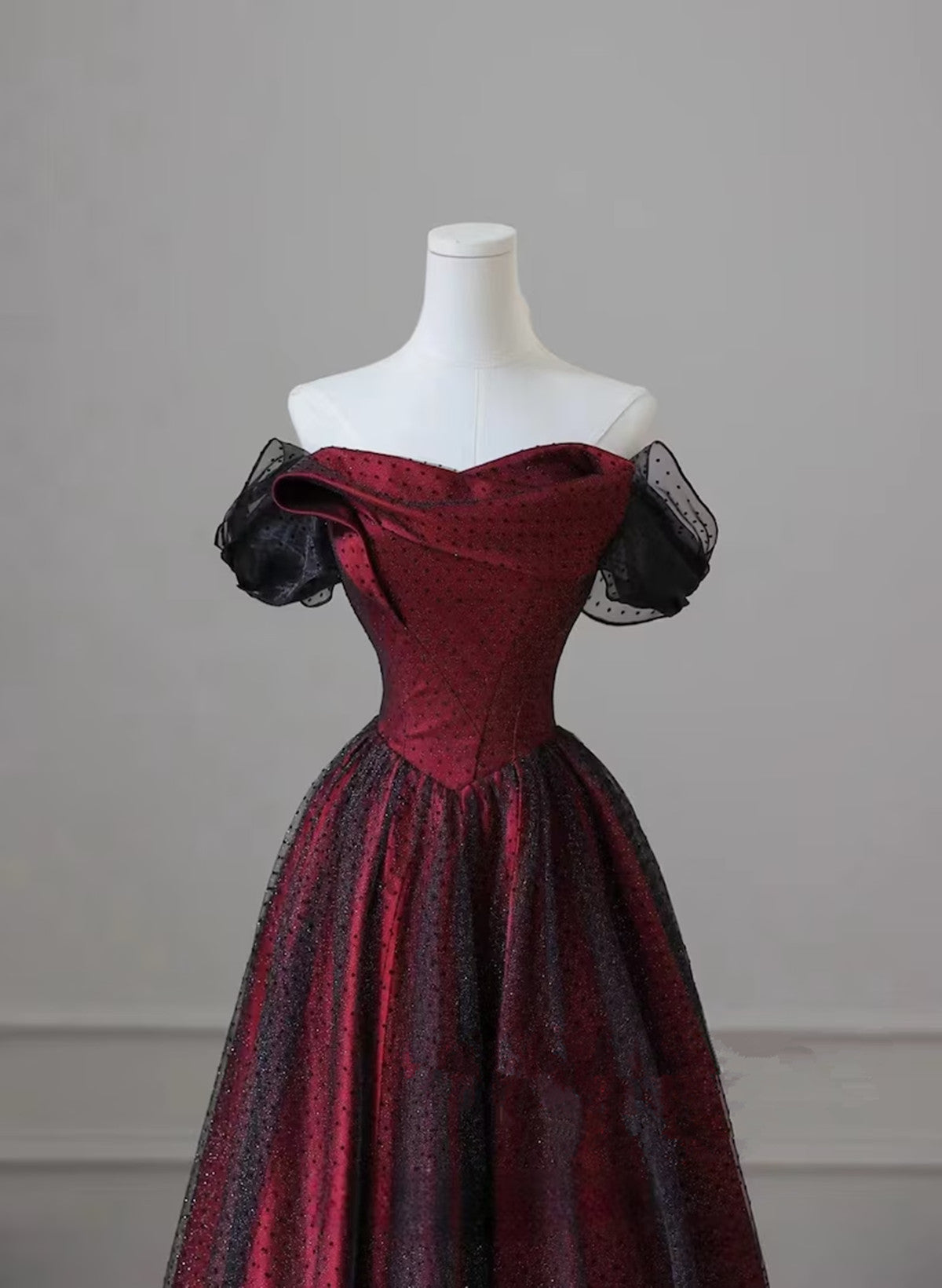 Black And Red Long Party Dress, Off Shoulder Tulle A-Line Classy Prom Dress