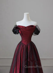 Black and Red Long Party Dress, Off Shoulder Tulle A-line Evening Prom Dress