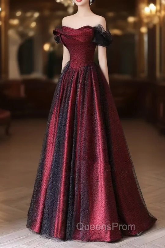Black and Red Long Party Dress, Off Shoulder Tulle A-line Evening Prom Dress Main image