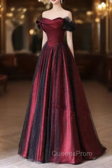 Black and Red Long Party Dress, Off Shoulder Tulle A-line Evening Prom Dress