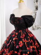 Black and Red Off Shoulder Floral Tulle Evening Dress, Floor Length Party Dress