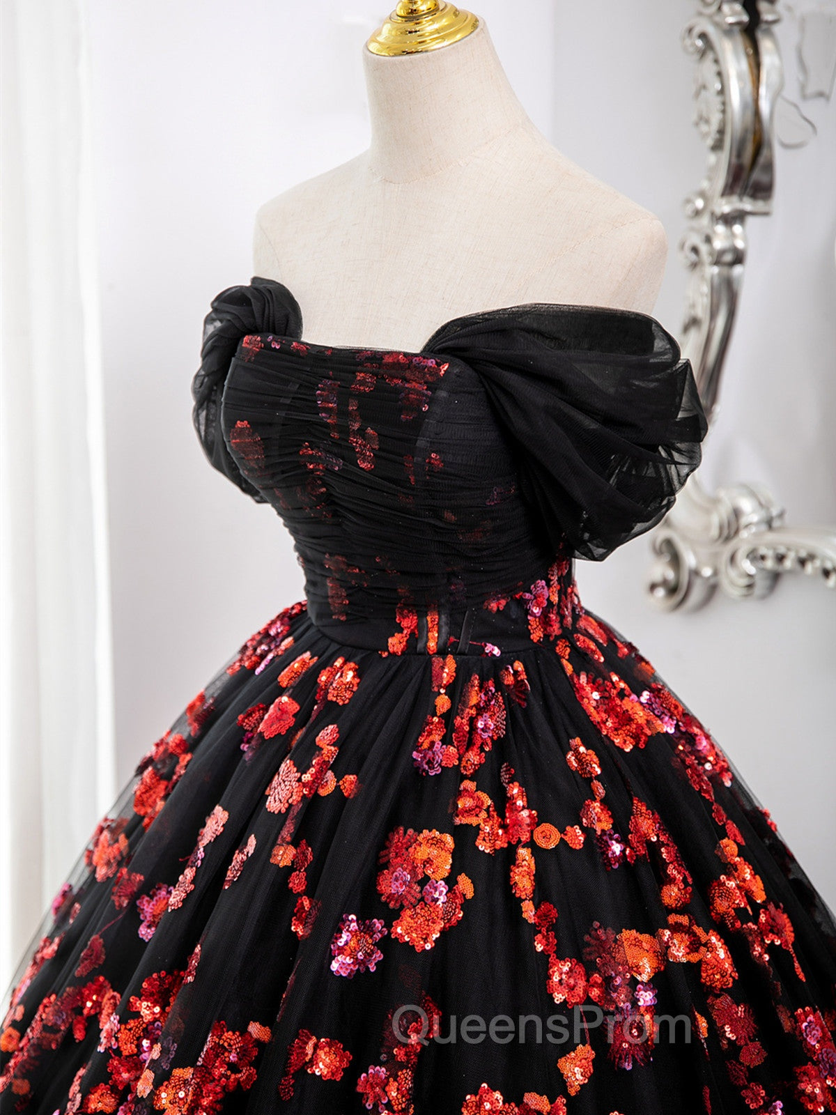 Black and Red Off Shoulder Floral Tulle Evening Dress, Floor Length Party Dress