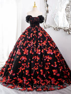 Black and Red Off Shoulder Floral Tulle Evening Dress, Floor Length Party Dress