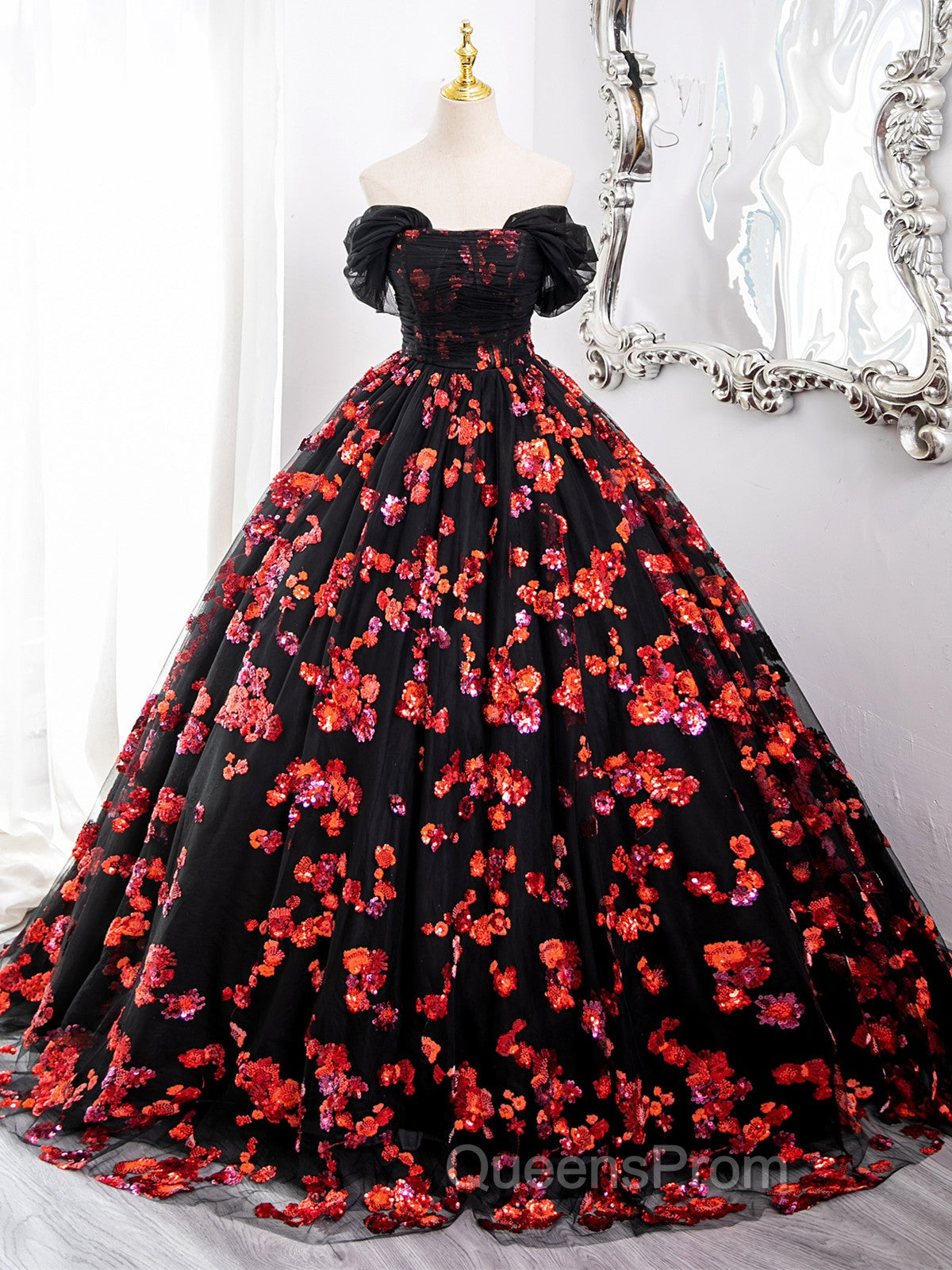Black and Red Off Shoulder Floral Tulle Evening Dress, Floor Length Party Dress