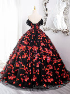 Black and Red Off Shoulder Floral Tulle Evening Dress, Floor Length Party Dress