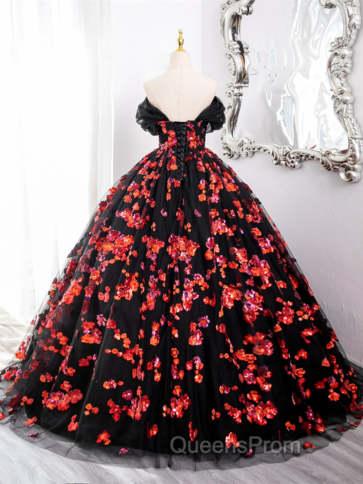 Black and Red Off Shoulder Floral Tulle Evening Dress, Floor Length Party Dress