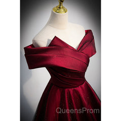 Black and Red Satin Off Shoulder Long Junior Evening Prom Dress, A-line Satin Party Dress