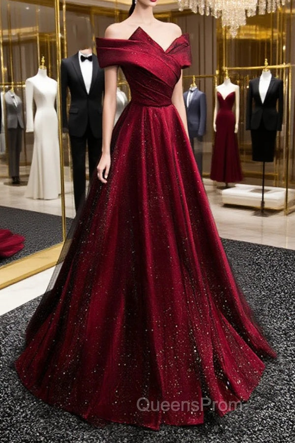 Black and Red Satin Off Shoulder Long Junior Evening Prom Dress, A-line Satin Party Dress