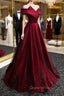 Black and Red Satin Off Shoulder Long Junior Evening Prom Dress, A-line Satin Party Dress