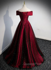 Black and Red Satin Off Shoulder Long Junior Evening Prom Dress, A-line Satin Party Dress