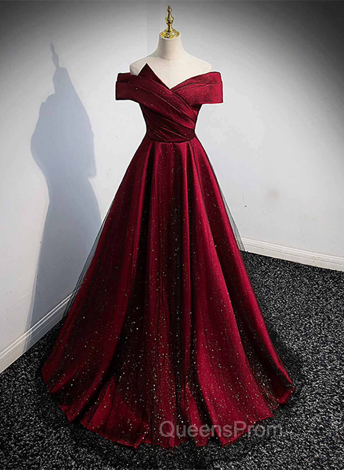 Black and Red Satin Off Shoulder Long Junior Evening Prom Dress, A-line Satin Party Dress Main image