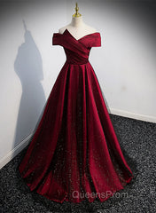 Black and Red Satin Off Shoulder Long Junior Evening Prom Dress, A-line Satin Party Dress