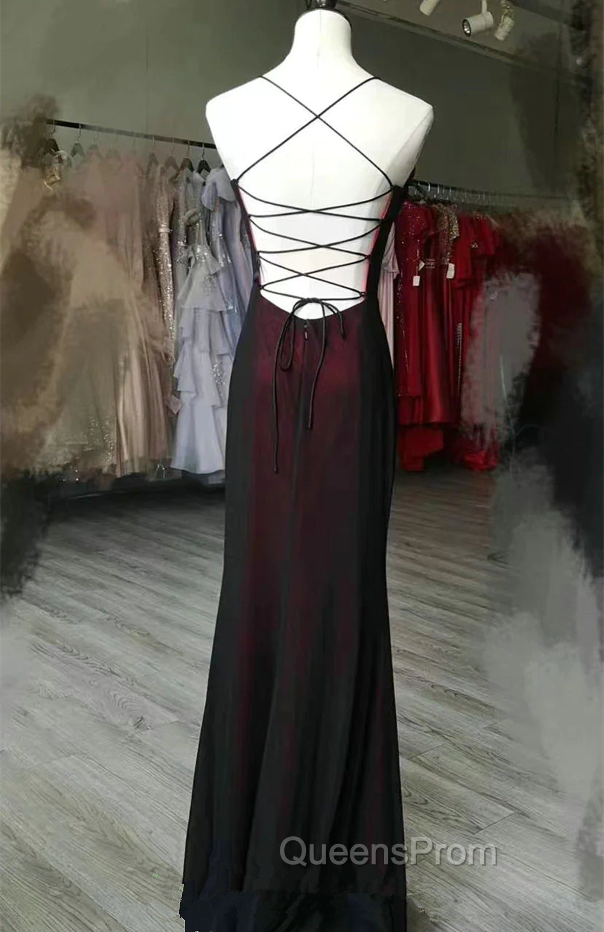 Black and Red Square Neckline Party Dress, Black and Red Long Evening Prom Dress Secondary image