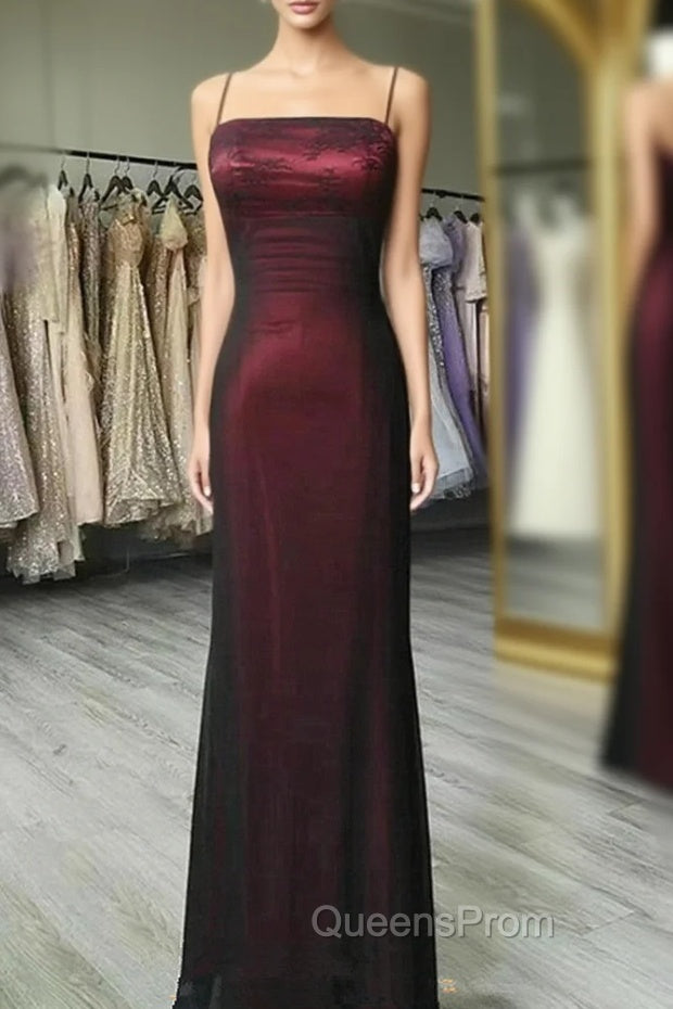 Black and Red Square Neckline Party Dress, Black and Red Long Evening Prom Dress Main image