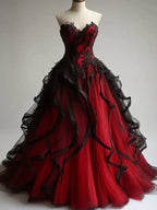 Black And Red Sweetheart Tulle Long Party Dress, A-Line Classy Evening Dress Classy Prom Dress