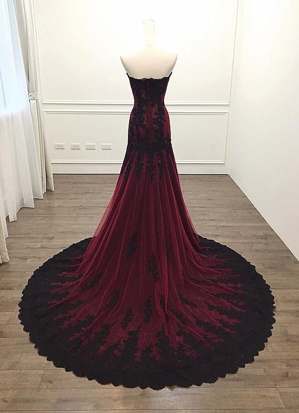 Black And Red Sweetheart Tulle With Lace Glam Classy Evening Gown Party Dress, Long Classy Dress