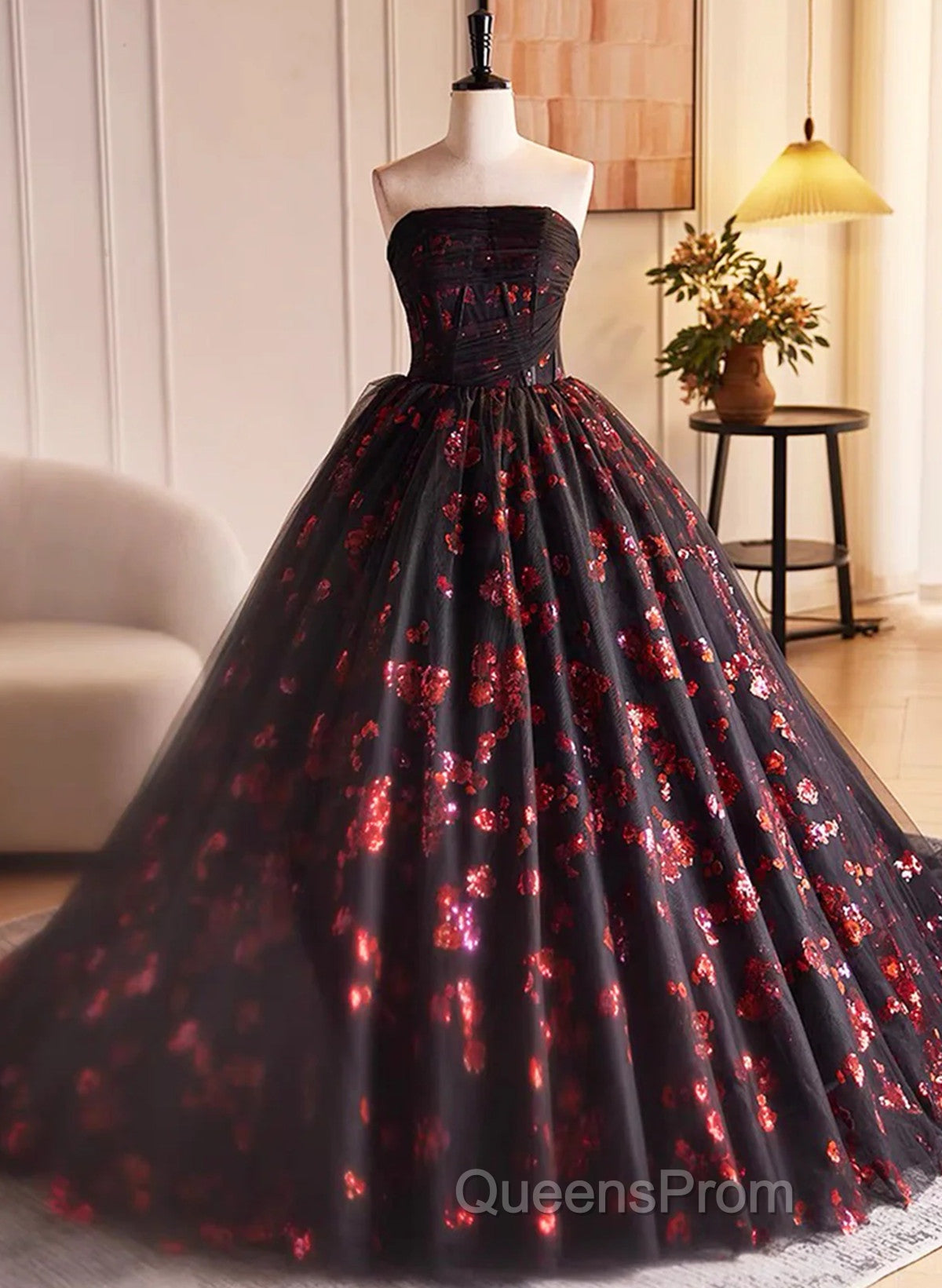 Black And Red Tulle Floral Sweet 16 Dress, Black And Red Party Dress Evening Prom Dress Secondary image
