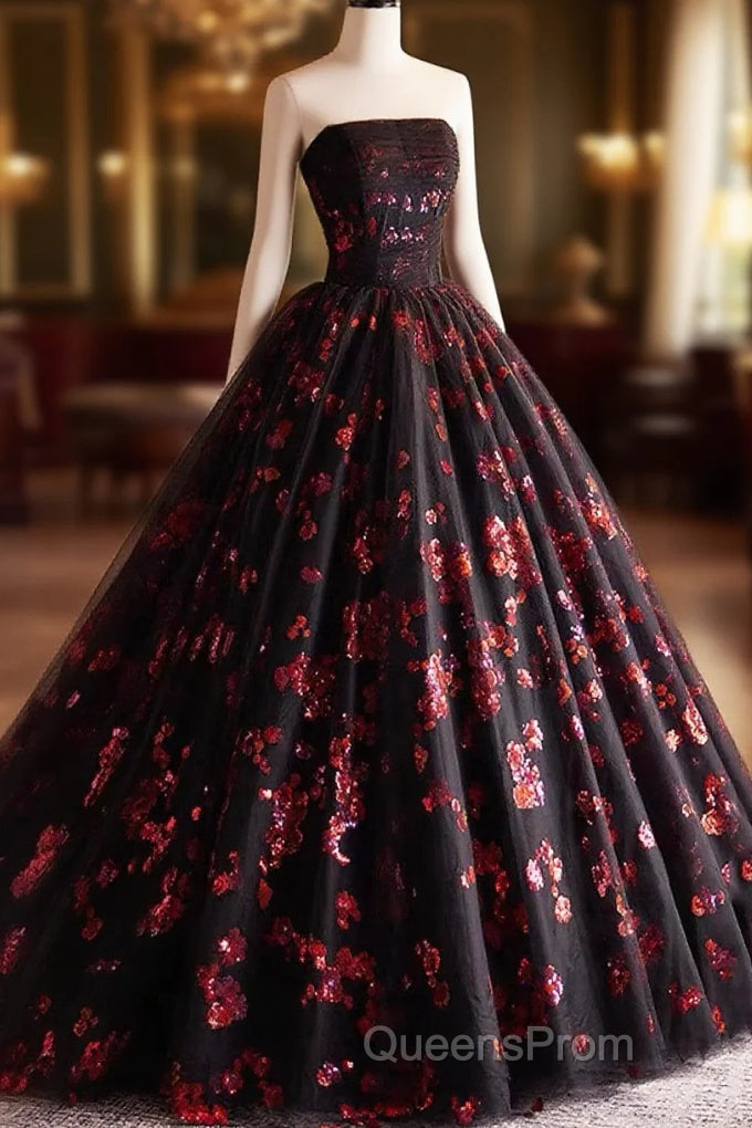 Black And Red Tulle Floral Sweet 16 Dress, Black And Red Party Dress Evening Prom Dress Main image