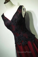 Black and Red V-Neck Tulle Long Evening Prom Dress, Lace Evening Dress