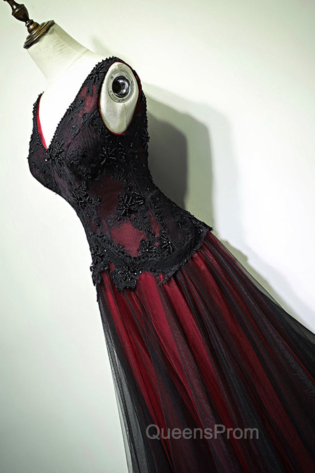 Black and Red V-Neck Tulle Long Evening Prom Dress, Lace Evening Dress
