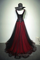 Black and Red V-Neck Tulle Long Evening Prom Dress, Lace Evening Dress