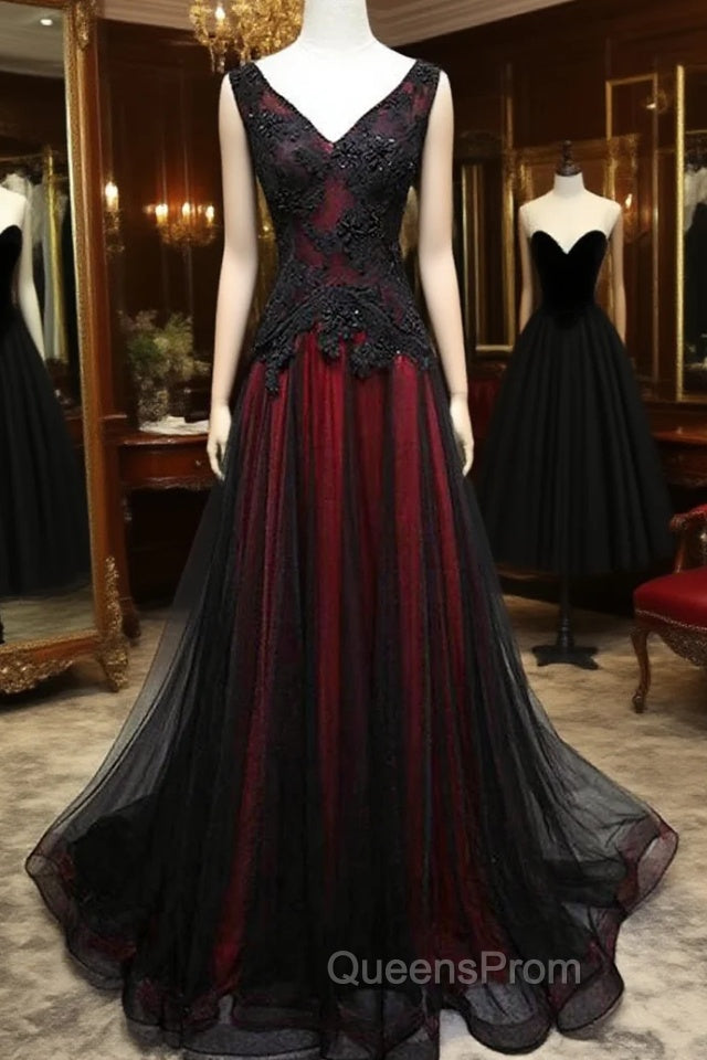 Black and Red V-Neck Tulle Long Evening Prom Dress, Lace Evening Dress Main image