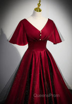 Black and Red V-neckline Long Satin Evening Prom Dress,Chic Long A-line Party Dress