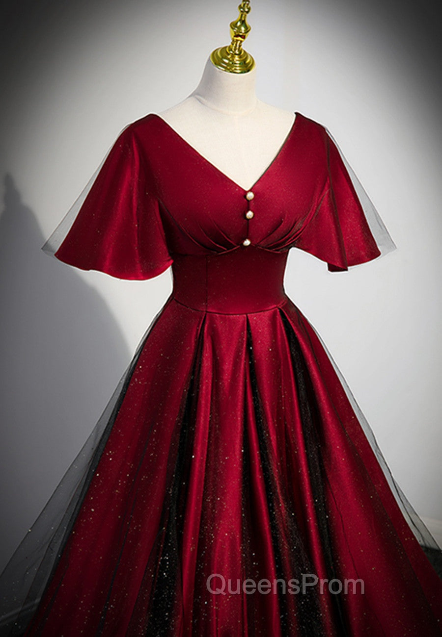 Black and Red V-neckline Long Satin Evening Prom Dress,Chic Long A-line Party Dress