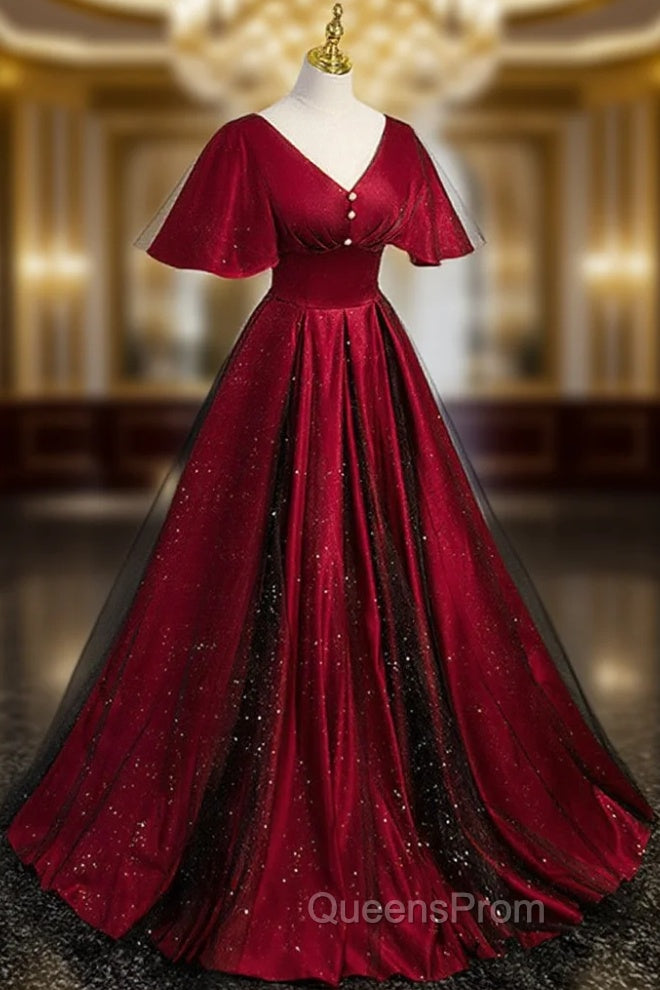 Black and Red V-neckline Long Satin Evening Prom Dress,Chic Long A-line Party Dress Main image