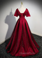 Black and Red V-neckline Long Satin Evening Prom Dress,Chic Long A-line Party Dress