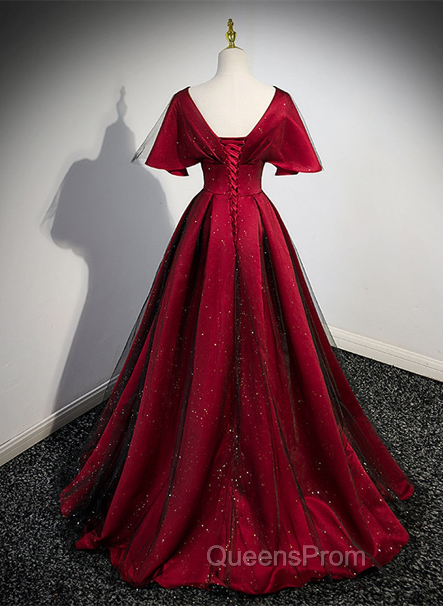 Black and Red V-neckline Long Satin Evening Prom Dress,Chic Long A-line Party Dress