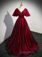 Black and Red V-neckline Long Satin Evening Prom Dress,Chic Long A-line Party Dress
