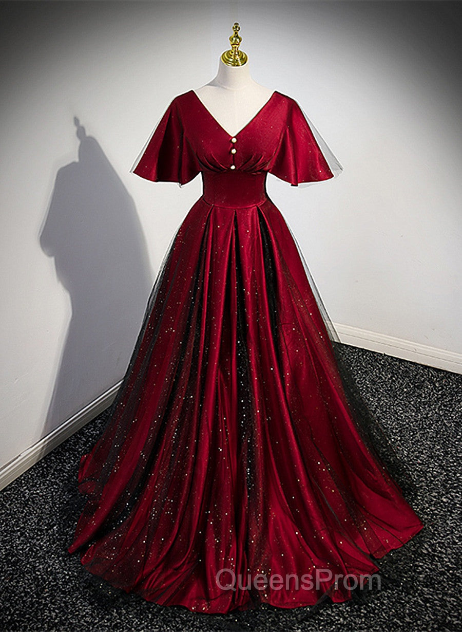 Black and Red V-neckline Long Satin Evening Prom Dress,Chic Long A-line Party Dress