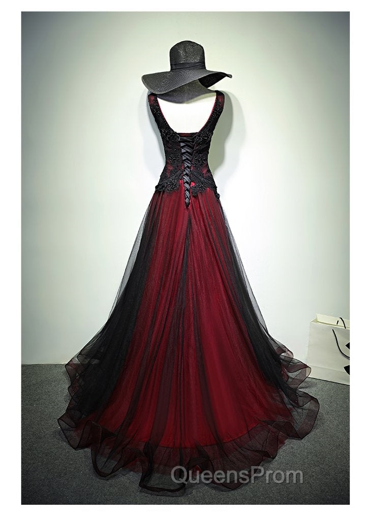 Black and Tulle V-neckline Beaded Lace Long Party Dress, A-line Evening Prom Dress Evening Dress Secondary image