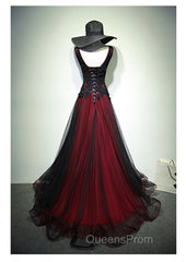 Black and Tulle V-neckline Beaded Lace Long Party Dress, A-line Evening Prom Dress Evening Dress