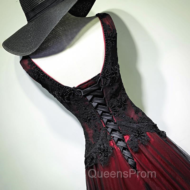 Black and Tulle V-neckline Beaded Lace Long Party Dress, A-line Evening Prom Dress Evening Dress