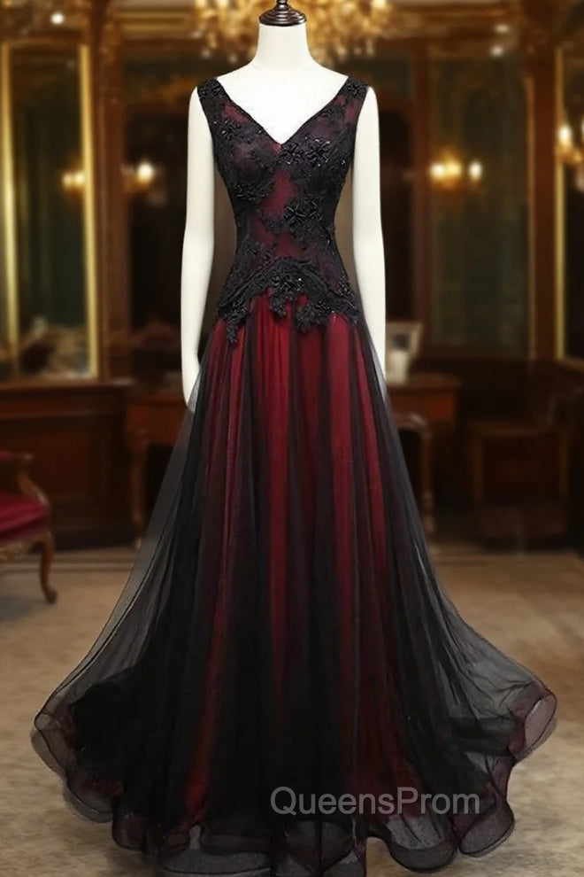 Black and Tulle V-neckline Beaded Lace Long Party Dress, A-line Evening Prom Dress Evening Dress Main image
