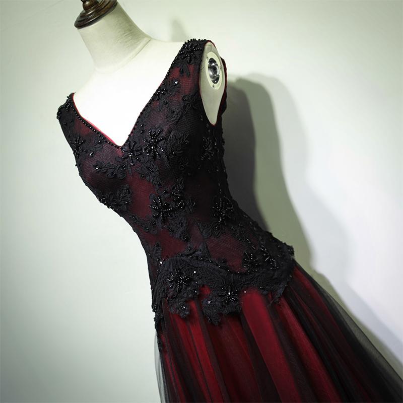 Black And Tulle V-Neckline Beaded Lace Long Party Dress, A-Line Classy Prom Dress Classy Evening Dresss Secondary image