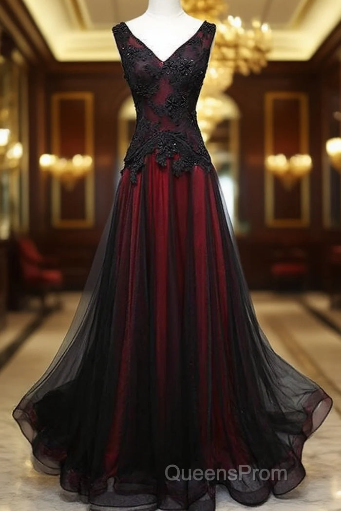 Black And Tulle V-Neckline Beaded Lace Long Party Dress, A-Line Evening Prom Dress Evening Dresss Main image