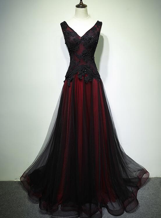 Black And Tulle V-Neckline Beaded Lace Long Party Dress, A-Line Classy Prom Dress Classy Evening Dress Main image